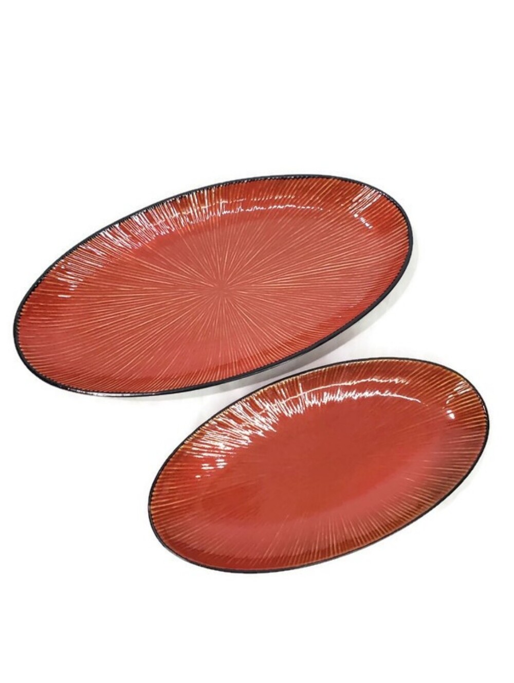 Set of 2 Pier 1 Imports Ventana Platters Stoneware Starburst RustRed Hand Paint